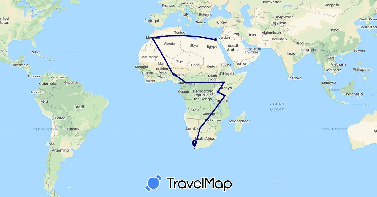 TravelMap itinerary: driving in Botswana, Cameroon, Egypt, Ethiopia, Morocco, Nigeria, Tanzania, South Africa (Africa)